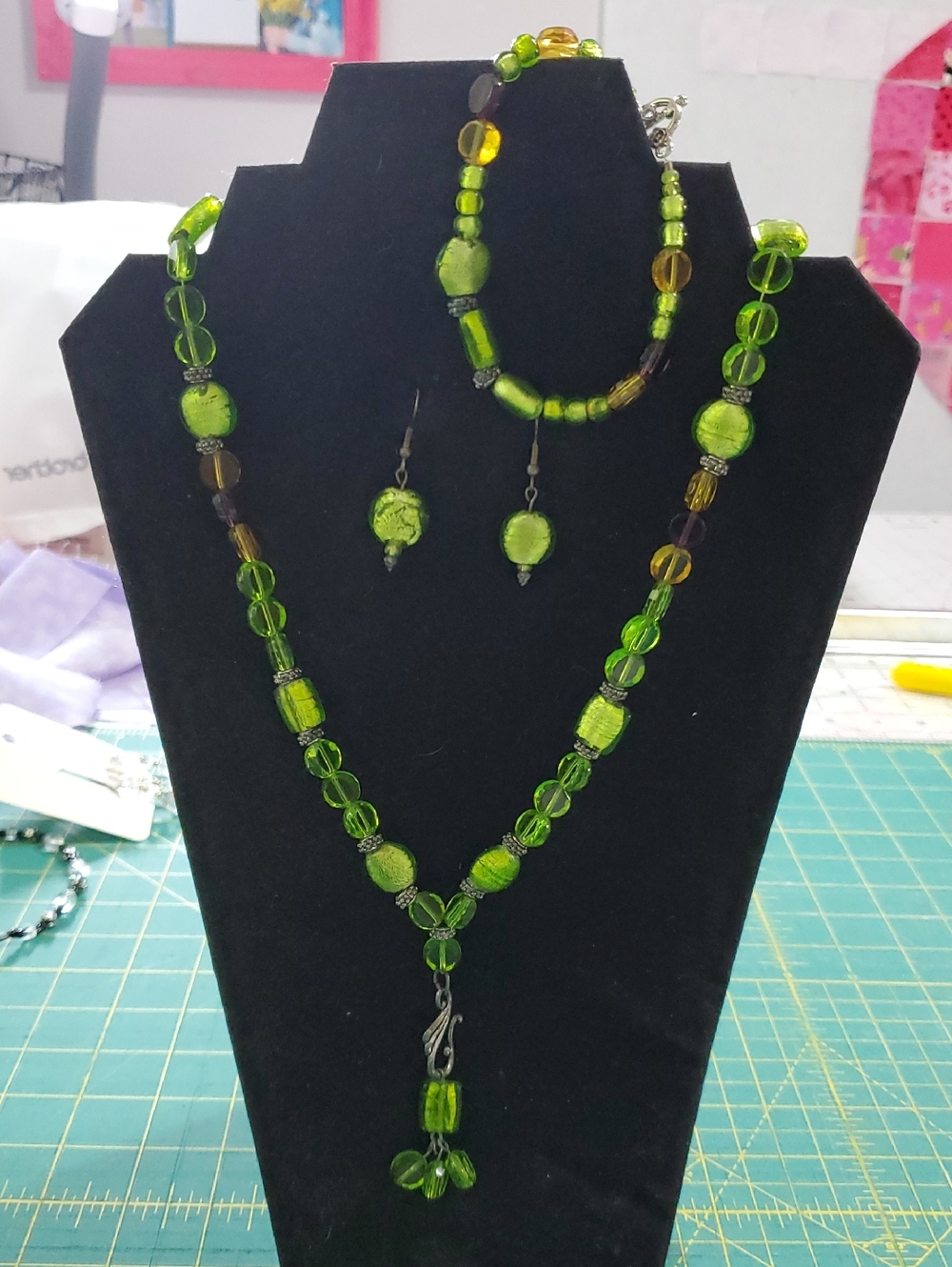 Handcrafted Green Glass Bead Necklace Set with Dangle Earrings